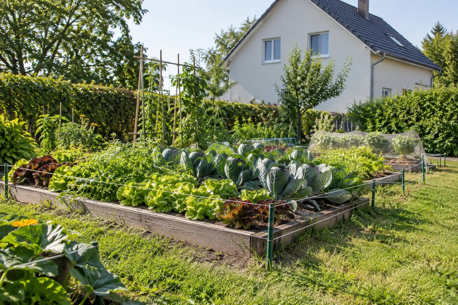 Symbolbild: Gemüsebeete im Hausgarten mit niedrigem zweireihigem Litzenzaun