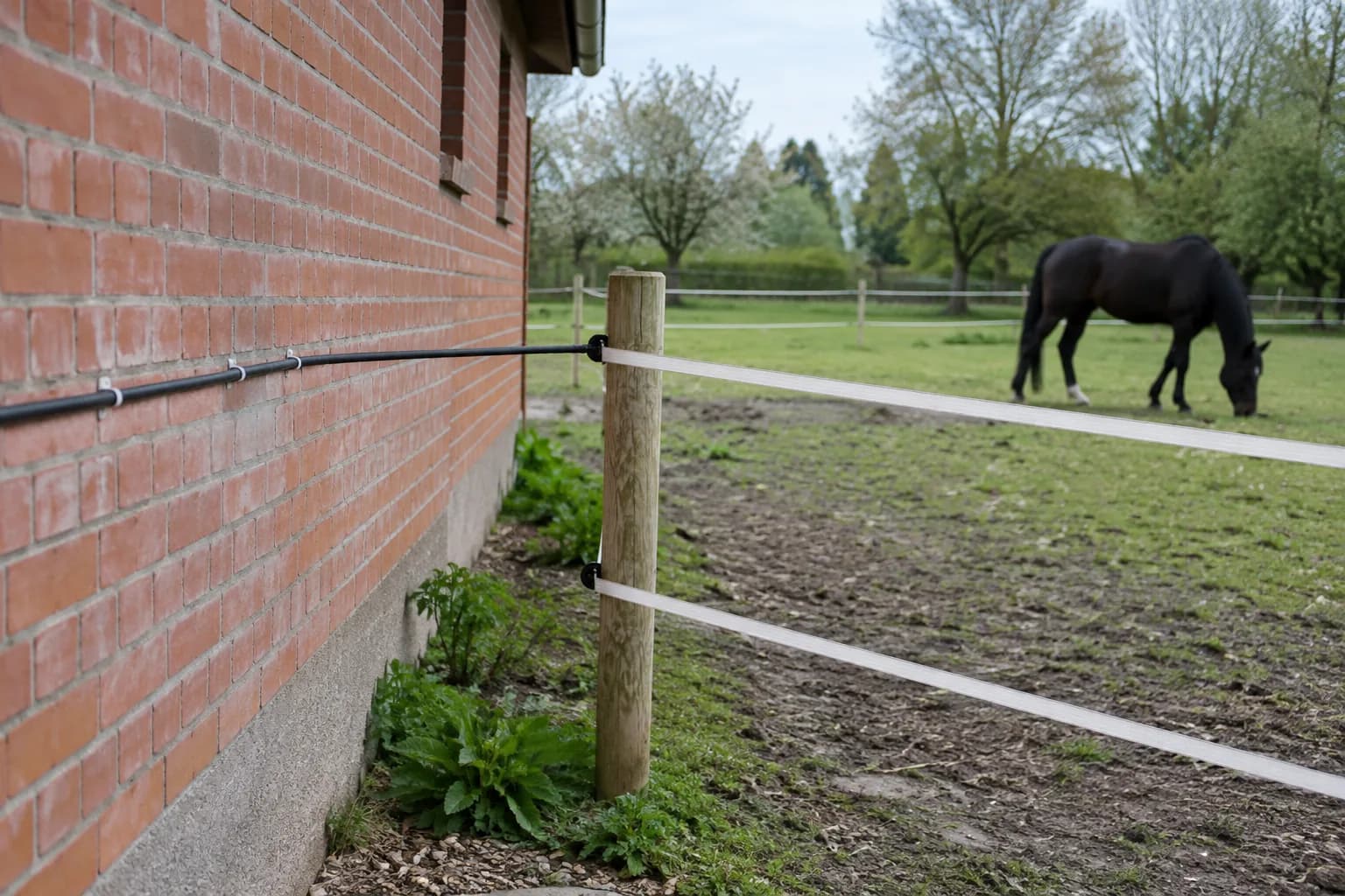 Symbolbild: Zaunzuleitung an einer Stallwand zum ersten Pfosten einer Hauskoppel mit Breitband