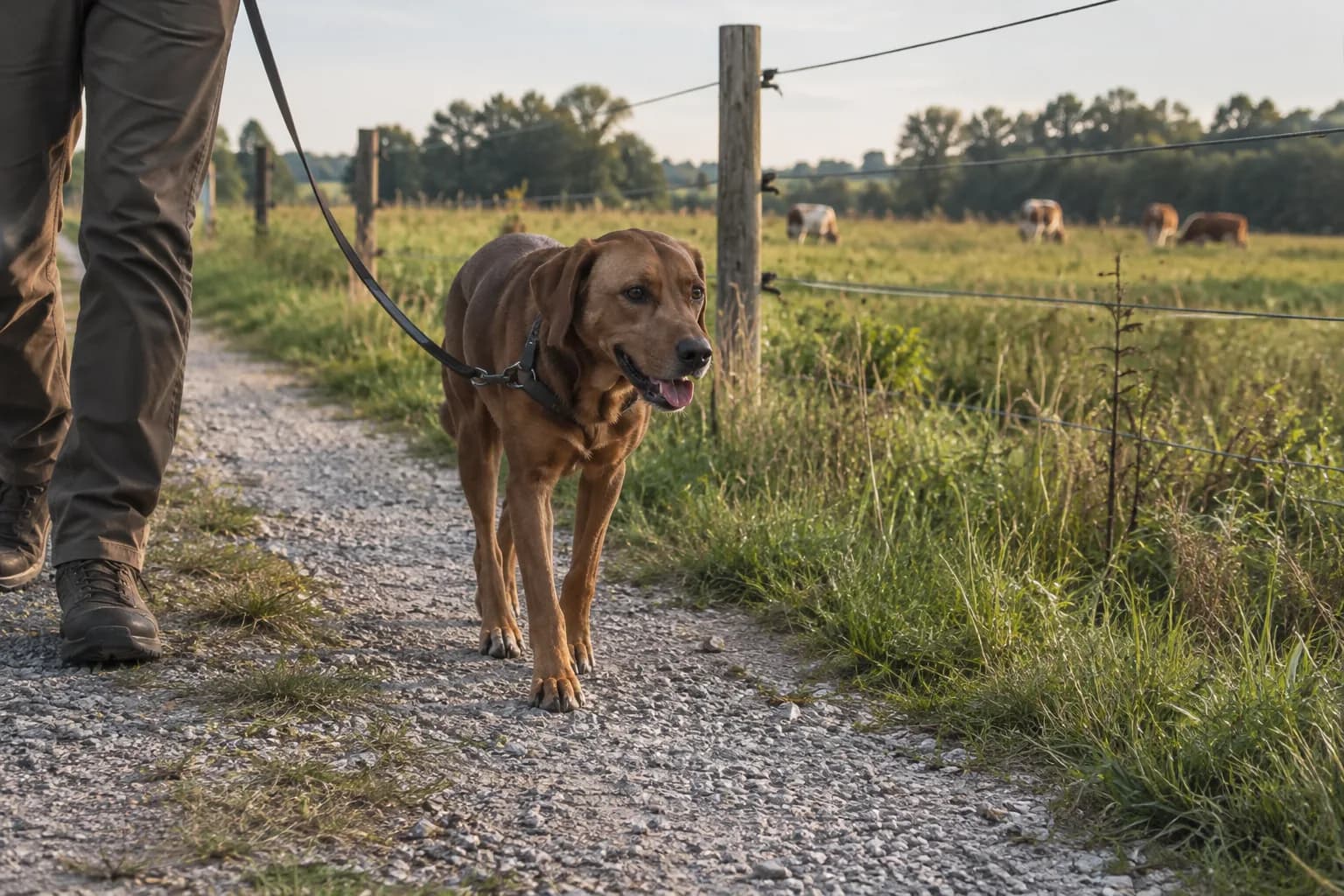Symbolbild: angeleinter Hund auf einem Feldweg neben einem Weidezaun mit Rindern im Hintergrund