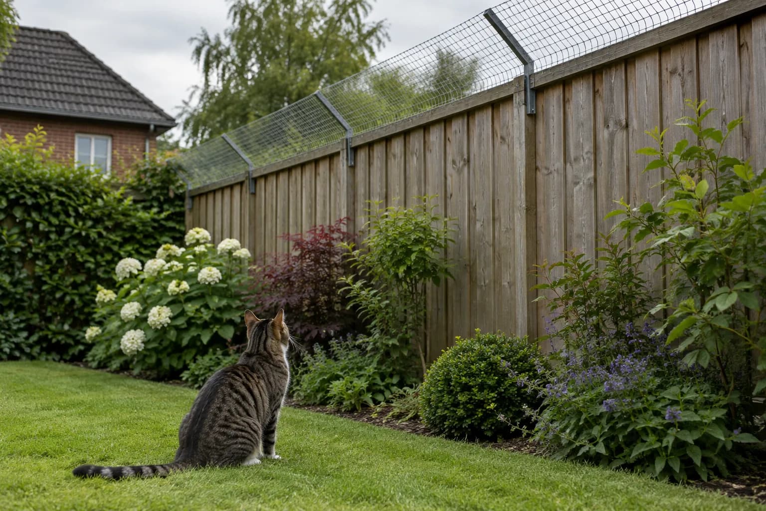 Symbolbild: Katze vor einem Holzzaun mit nach innen geneigtem Netz als Überkletterschutz
