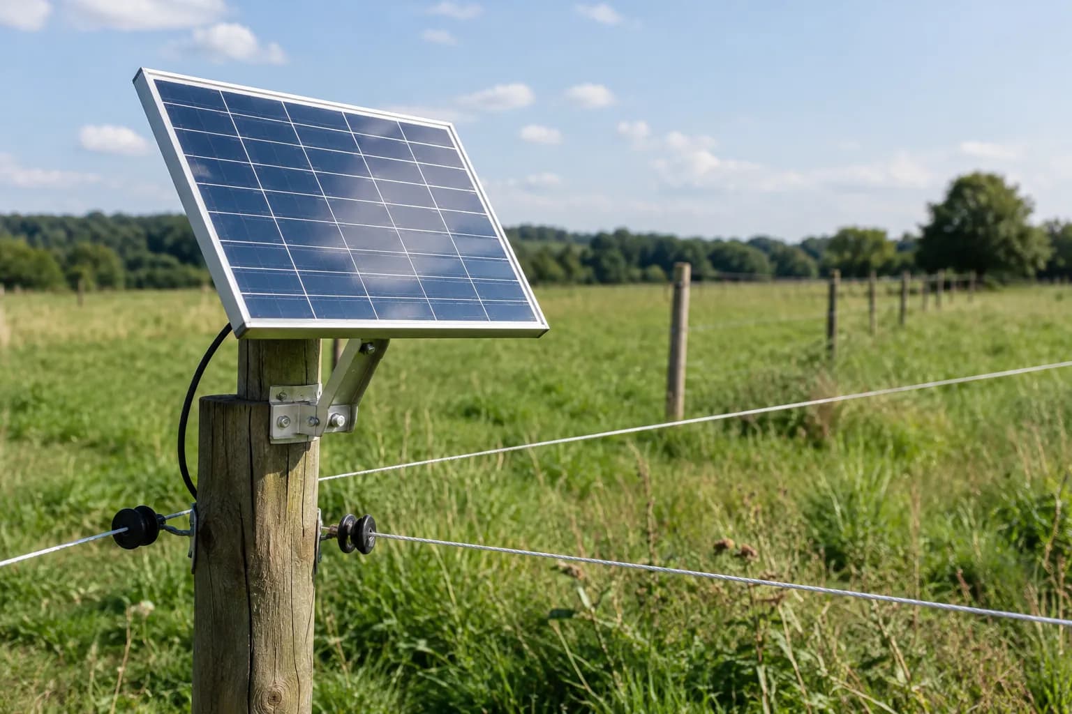 Symbolbild: nachgerüstetes Solarmodul an einem Holzpfahl am Weidezaun
