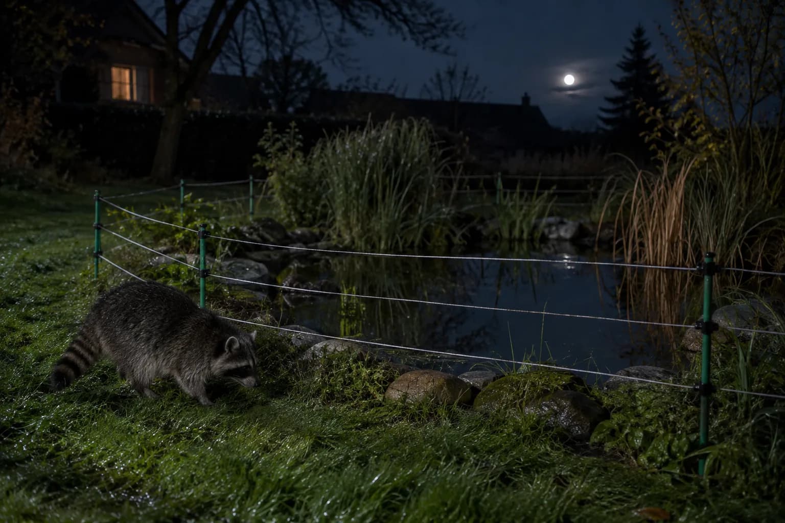Symbolbild: Waschbär nachts vor einem niedrigen dreireihigen Litzenzaun an einem Gartenteich